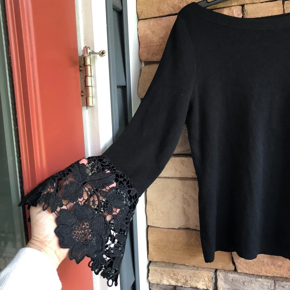 INC International Concepts Black Knit Sweater Top Lace Cuffs Women’s Large EUC - Picture 12 of 12